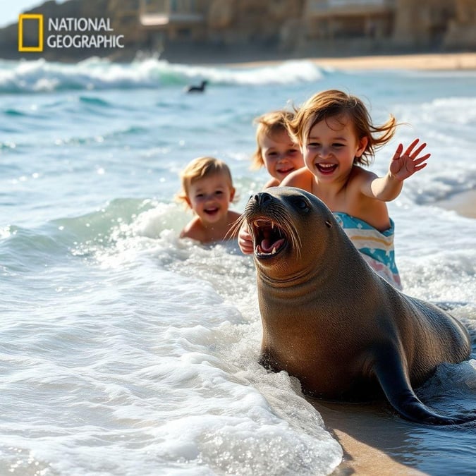 A lively scene at the beach, with children playing alongside a sea lion in the water.