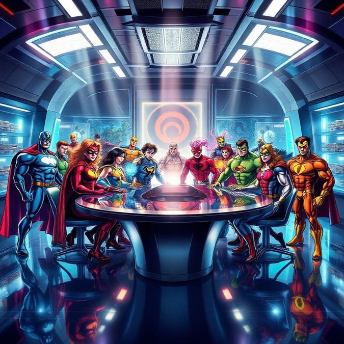 This wallpaper features a group of iconic comic book characters gathered around a table, exuding a sense of camaraderie and heroism.