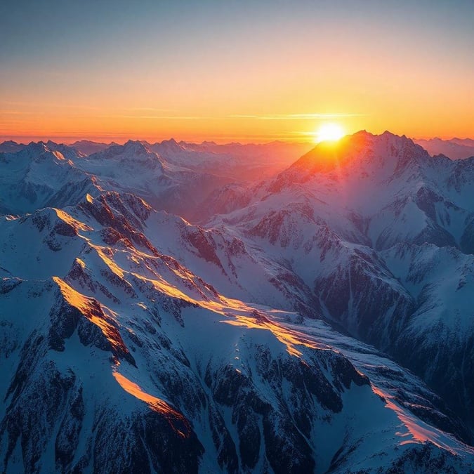 Uma cena serena de montanhas cobertas de neve banhadas pelo calor de um pôr do sol, com a névoa e as sombras do vale que acrescentam à sua beleza tranquila.