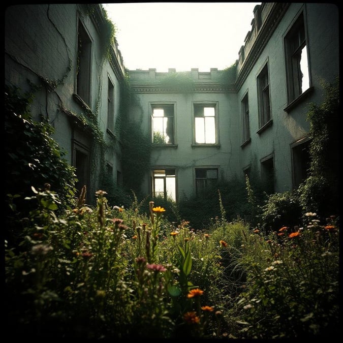 This captivating wallpaper image showcases an abandoned building that has been reclaimed by nature, with vibrant flowers blooming in the foreground and the crumbling structure serving as a striking backdrop. The contrast between the natural beauty of the flowers and the decay of the building creates a thought-provoking and visually stunning scene.