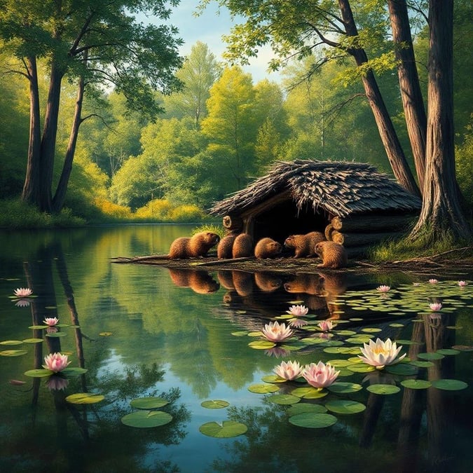 This tranquil scene captures the essence of life in the forest. A group of beavers have built a quaint wooden home on stilts right in the middle of a serene pond. The clear waters reflect the surrounding greenery, with trees standing tall and lush vegetation adorning the landscape. This idyllic setting offers a glimpse into the daily lives of these industrious creatures.