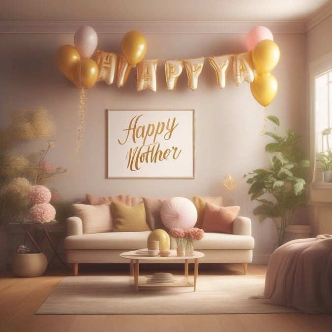 A heartwarming celebration of Mom, with golden balloons, a cozy living room, and a picture frame that truly hits home. This wallpaper is perfect for desktop or mobile use on this special day.