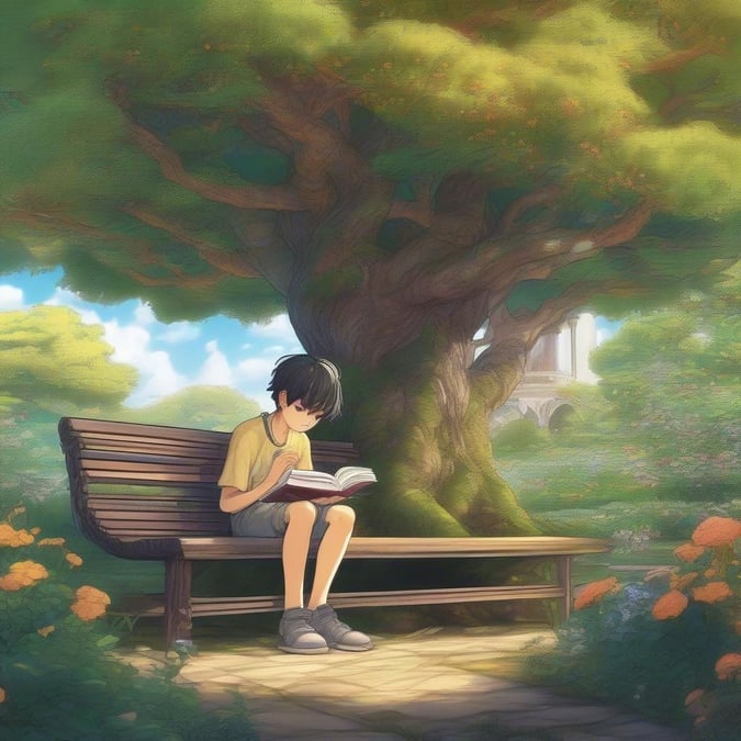 This anime-style illustration features a young boy sitting on a bench, engrossed in a book. The boy has short black hair and is dressed in a yellow t-shirt and gray shorts. He is sitting on a wooden bench, with his legs crossed and his head slightly bowed as he reads. The background of the image is a serene park scene, with green trees and a blue sky dotted with white clouds. The overall atmosphere of the image is one of tranquility and focus, capturing the quiet moment of a child lost in the world of books.