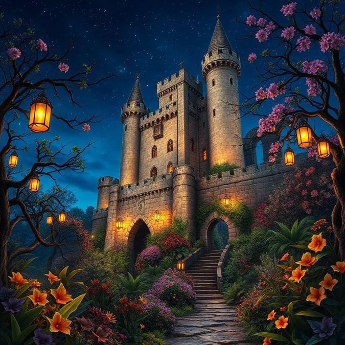 This stunning wallpaper captures the essence of a fairytale castle at night, with its majestic towers and lush gardens bathed in a warm, golden light. The image is perfect for anyone looking to add a touch of magic and wonder to their desktop or mobile device.