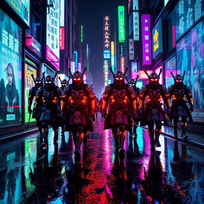 A group of futuristic samurais stand in unison, their glowing eyes reflecting the neon lights of a cyberpunk city. Their advanced armor is intricately designed with digital patterns that blend into the urban nightscape.