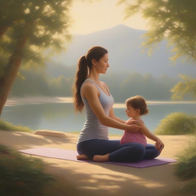 A heartwarming Mother's Day scene, depicting a mother and child enjoying a tranquil moment on the shore of a serene lake. The mother guides her little one in the art of yoga, fostering their mindfulness and connection amidst nature's beauty.