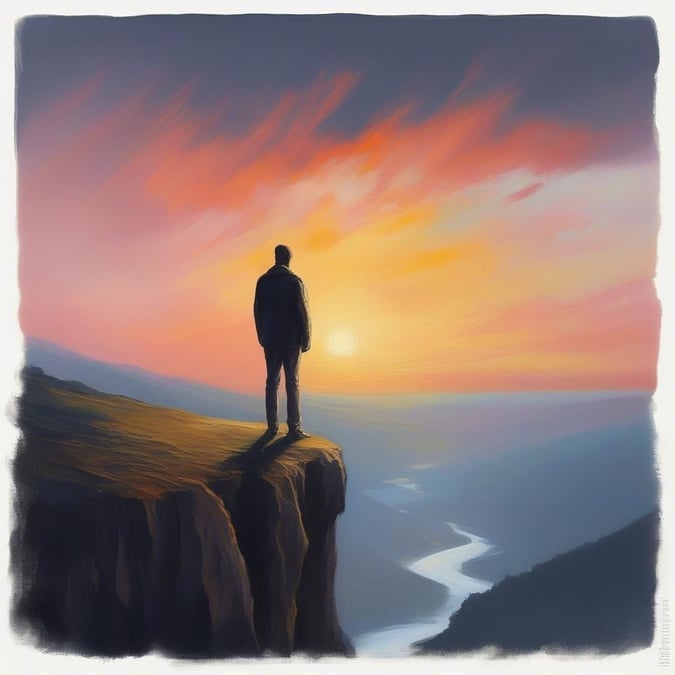 A man stands on a cliff, taking in the stunning view of the sunset over the ocean. The sky is ablaze with color, casting a warm glow over the entire scene.