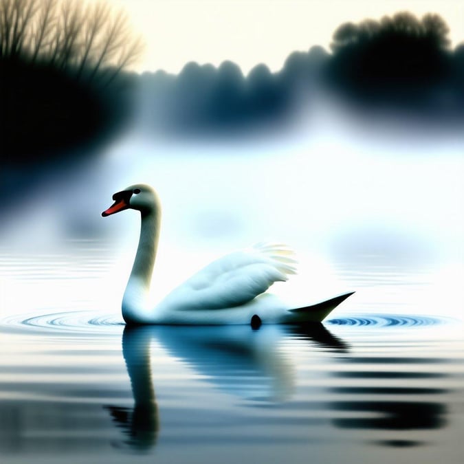 This tranquil scene features a majestic swan gracefully gliding across a serene lake. The swan's elegant pose and the calm ripples in the water create a peaceful atmosphere that would make for a lovely wallpaper on your desktop or mobile device.