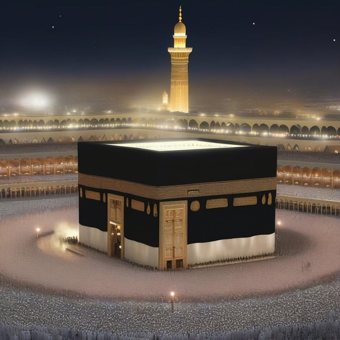 A view of the Prophet's Mosque, Islam's second-holiest site, during a nighttime celebration. The mosque's distinctive minaret stands tall, with the Kaaba lit up in the center and visitors gathered around. A significant site for religious pilgrimage and prayer during Ramadan and Eid.