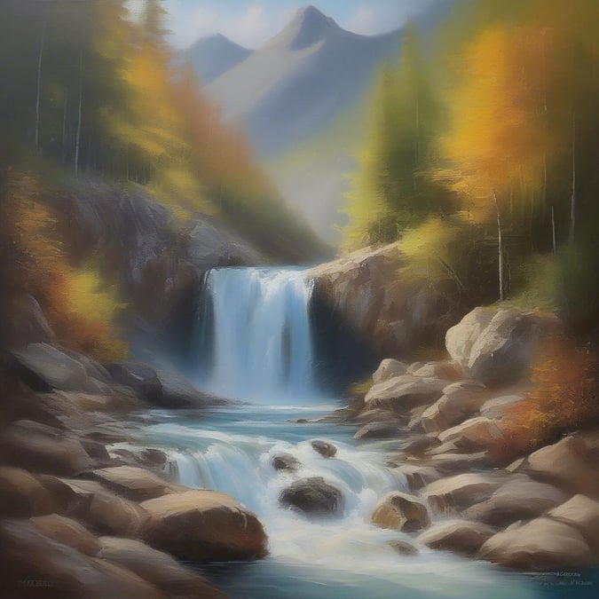 A tranquil mountain stream cascades through a lush forest, evoking the beauty of nature.