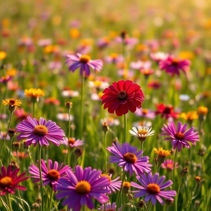 A lively display of wildflowers in full bloom, with a single red poppy standing out among the purples and yellows.