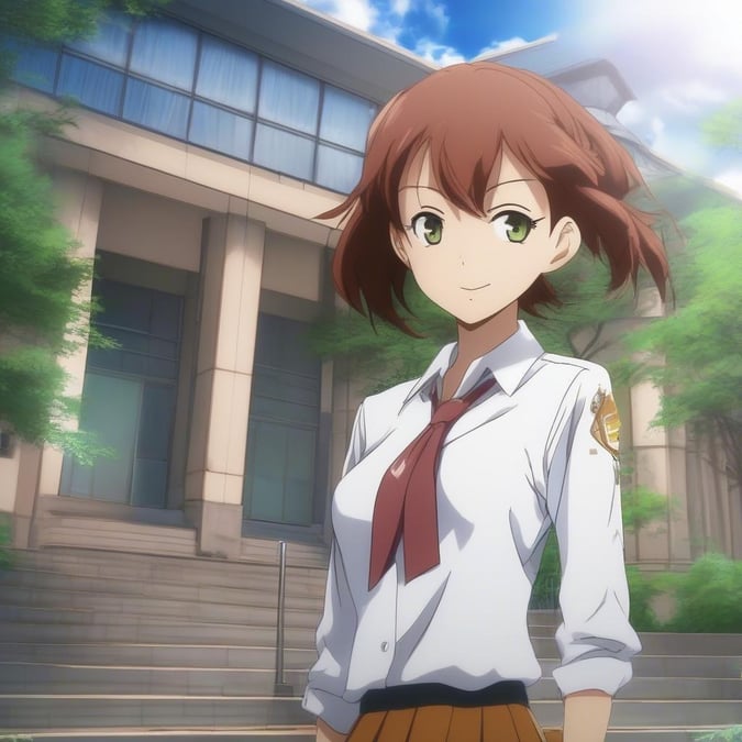 A young anime girl in a school uniform, standing outside during sunrise. Her cheerful demeanor and the bright sky suggest it's a new day.