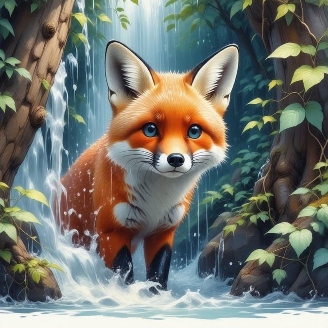 This stunning wallpaper features a vibrant orange and yellow fox peeking out from behind a waterfall in a lush forest. The detailed digital illustration captures the fox's piercing blue eyes, while its trunk and branches add depth and movement. The background is filled with lush greenery, creating a serene and natural atmosphere. Perfect for desktop and mobile use, this wallpaper is sure to bring a touch of anime magic to your device.