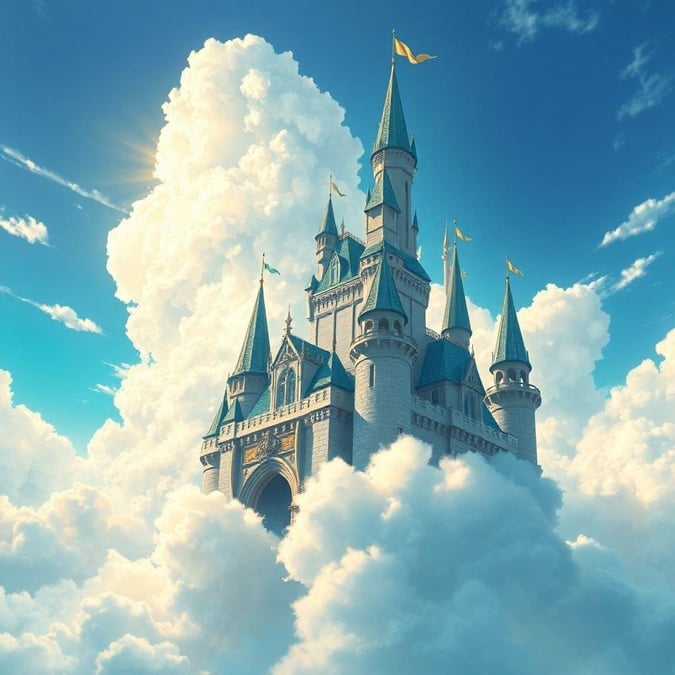 A majestic castle floats above the clouds, a fairy tale structure that blends elements of medieval architecture with the fantastical. The artwork is richly detailed, showcasing a blend of blues and greens against a backdrop of white clouds.