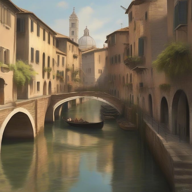 This image captures the serene beauty of a canal in Venice, Italy. The water is calm, reflecting the surrounding architecture and sky.