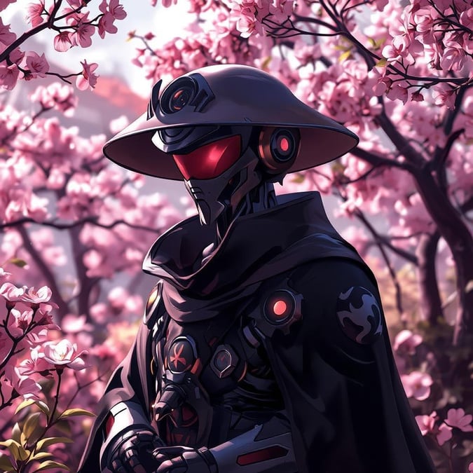 In a world where technology meets nature's beauty, this anime-inspired wallpaper introduces a robot gardener, meticulously designed with a black cloak and hat. The robot stands as the central figure amidst a lush garden blooming with sakura trees glowing under a soft light. The background is subtly blurred, ensuring the focus remains on the intricate details of this mechanical guardian amidst the serene natural setting.