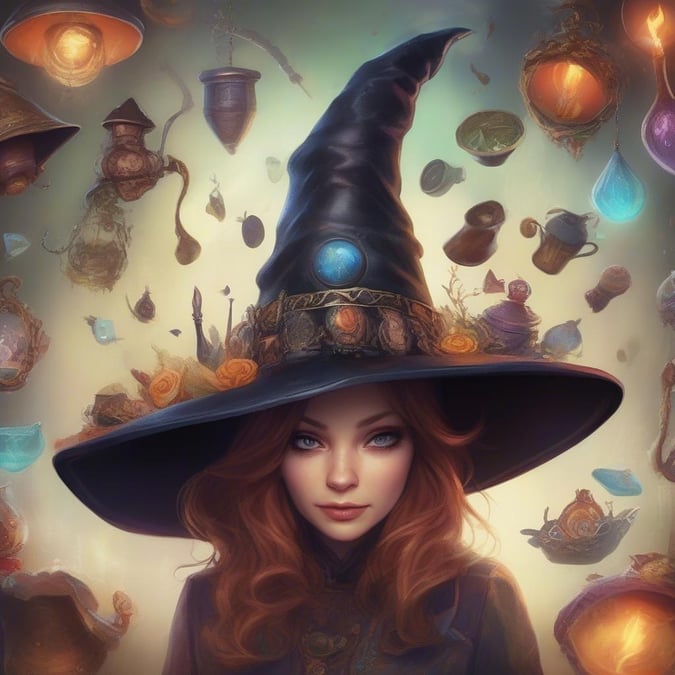 This Halloween wallpaper features a beautiful witch surrounded by spooky elements, perfect for desktop and mobile use.