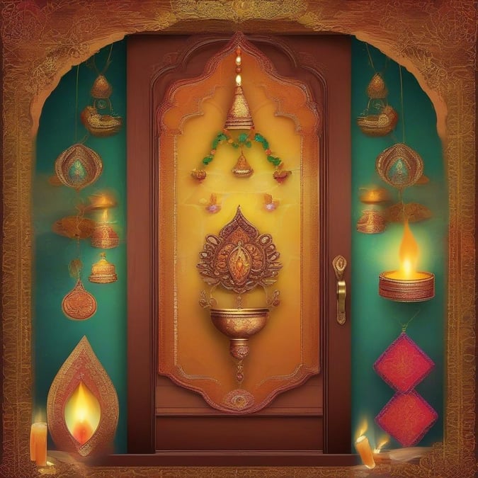 This image captures the joyous spirit of Diwali, a festival of lights celebrated in India. The door is adorned with intricate rangoli decorations and lit diyas, symbolizing the light and hope that illuminates this special time.