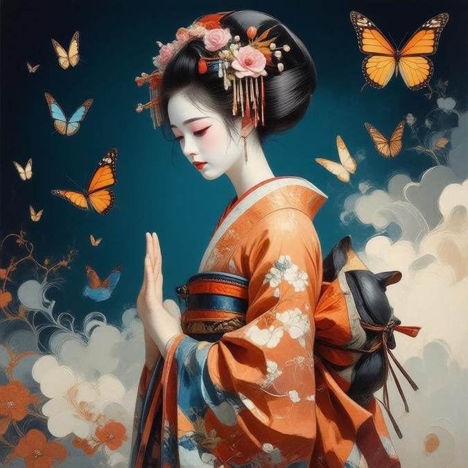 Immerse yourself in the captivating world of anime with this stunning wallpaper featuring a geisha adorned in a vibrant kimono, surrounded by fluttering butterflies.