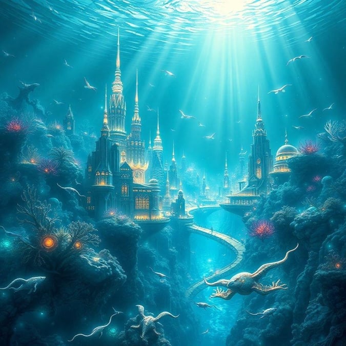 This stunning wallpaper transports you to an underwater fantasy city, where the ocean meets the imagination. The vibrant colors and intricate details create a captivating scene that's perfect for desktop and mobile use.