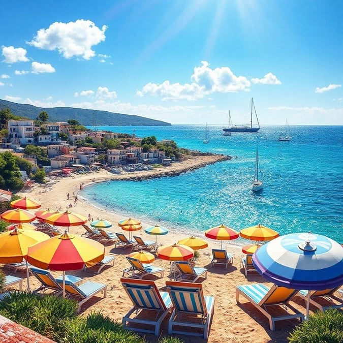 This image captures the serene beauty of a beach day, with a picturesque view of the ocean and a vibrant beach scene. The bright blue water and sky create a sense of calm and tranquility, while the colorful umbrellas and chairs add a pop of color to the scene. This image is perfect for anyone looking to escape to a tropical paradise and soak up the sun.