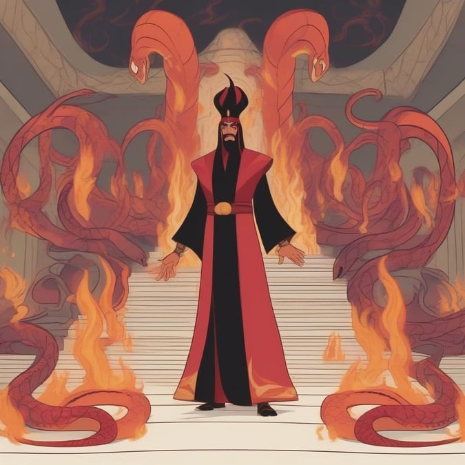 This wallpaper features Jafar, the main antagonist from Disney's Aladdin, standing confidently in front of a fiery background. He is dressed in his iconic red and black robes, complete with a matching turban and a menacing scowl on his face. The fiery background adds a sense of intensity and drama to the image, making it a great choice for anyone who loves the villainous character from the beloved Disney movie.