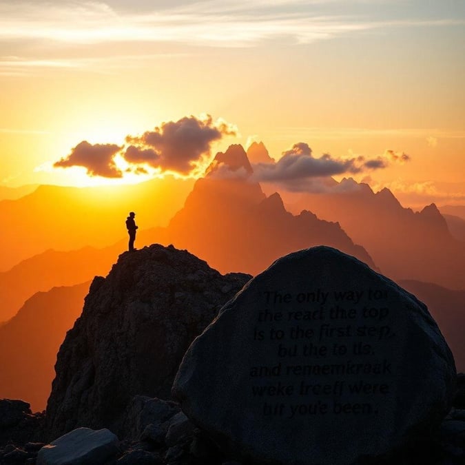 A serene mountain landscape at sunset, with a beautiful quote to inspire and motivate you.