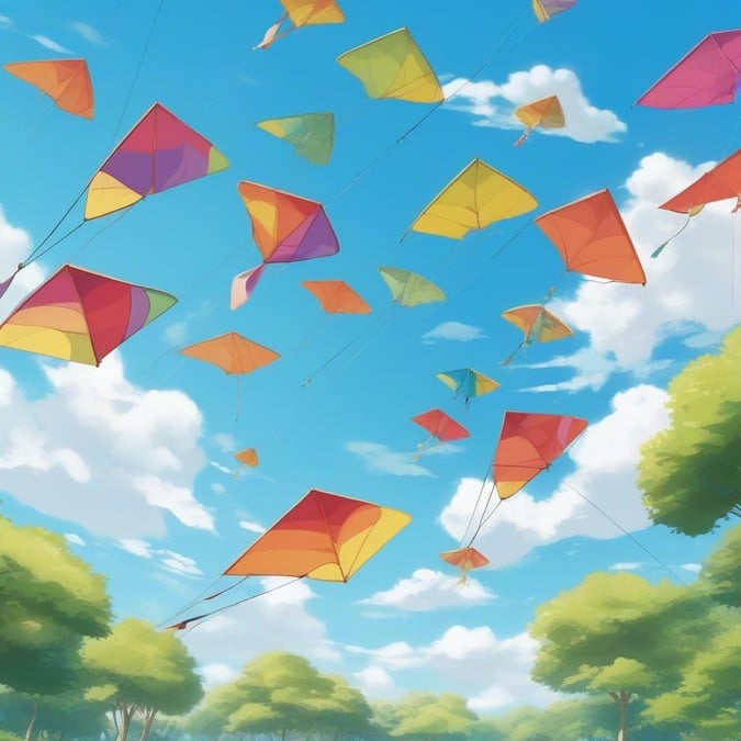 A joyous scene of children's laughter as they play with their vibrant kites against the backdrop of a bright blue sky and fluffy white clouds. The park is filled with colorful kites, each dancing in its own rhythm as if they are alive.