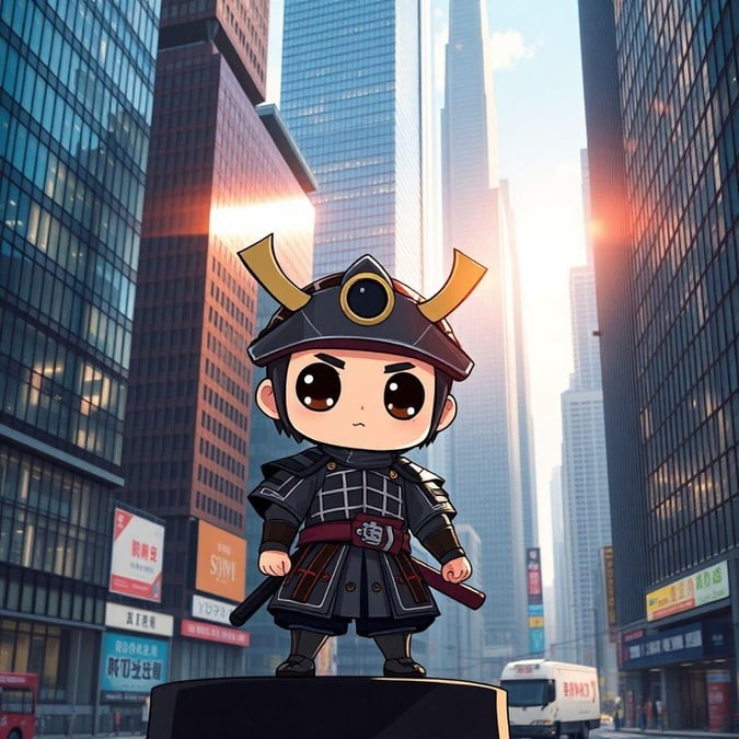 Bite-sized version of a samurai character, poised on a city street. A modern twist on an ancient art form.