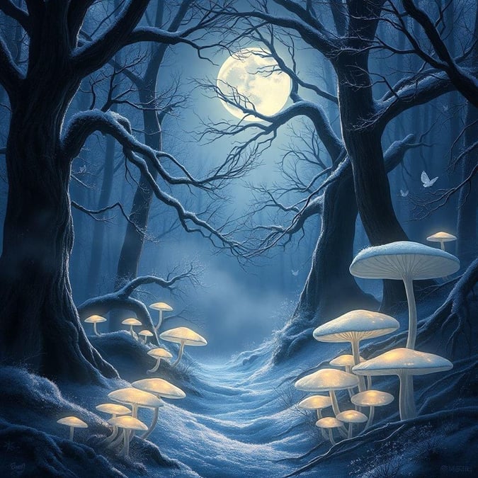 Wander down a pathway through an enchanted forest at midnight, with the moon illuminating mushrooms along the trail.