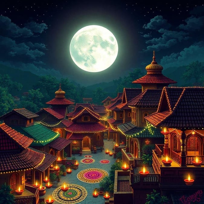 In this festive night scene, the majestic moon casts its glow over a temple town adorned with colorful lights and candles. The traditional houses, bathed in vibrant hues, stand as beacons of the joyous Diwali celebration, inviting passersby to partake in the festivities.