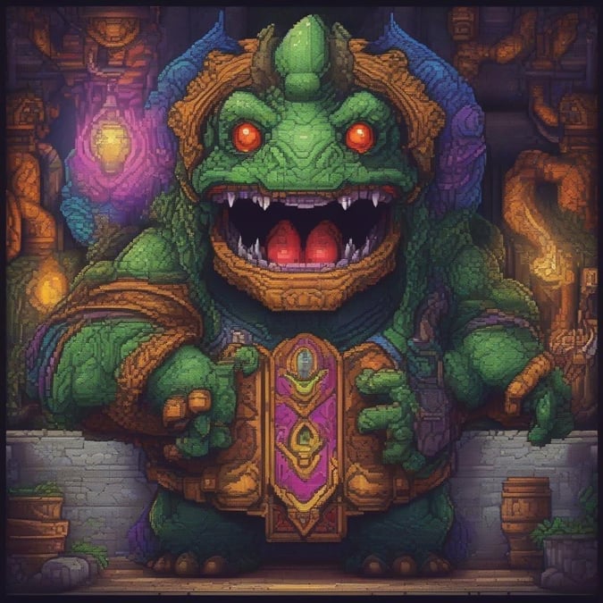 A pixelated illustration of a powerful and fearsome creature guarding a secret or protecting a treasure.