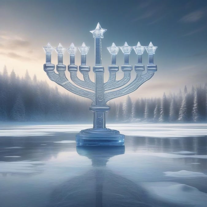 A serene winter scene featuring a glowing nine-branched Menorah, the traditional symbol of Hanukkah, set against the backdrop of a tranquil frozen lake surrounded by snow-covered trees. The soft light from the candles contrasts beautifully with the cool tones of the ice and snow, creating a peaceful atmosphere that captures the spirit of this festive season.