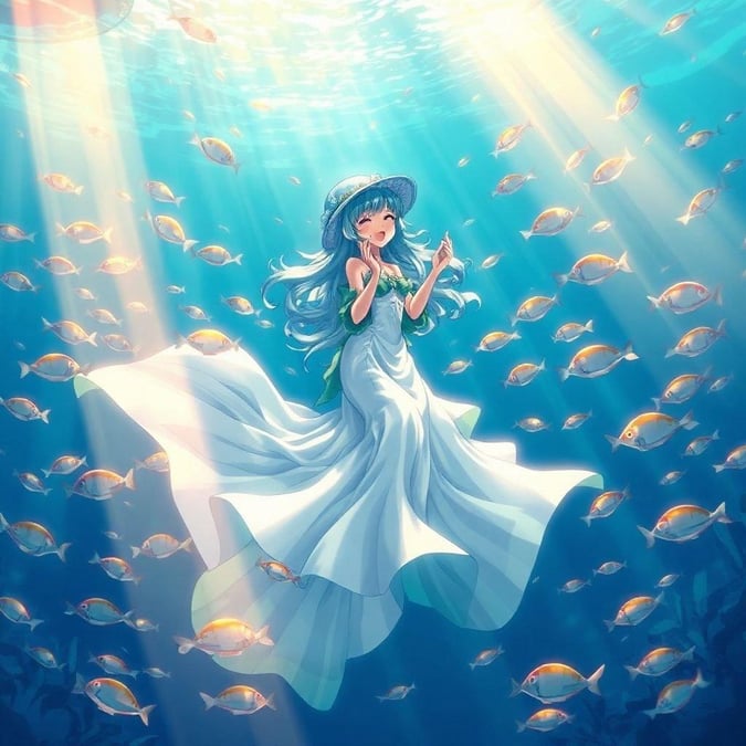 This anime illustration features a mermaid singing from beneath the surface of an ocean, surrounded by a school of sparkling fish, creating an enchanting scene of light and water.