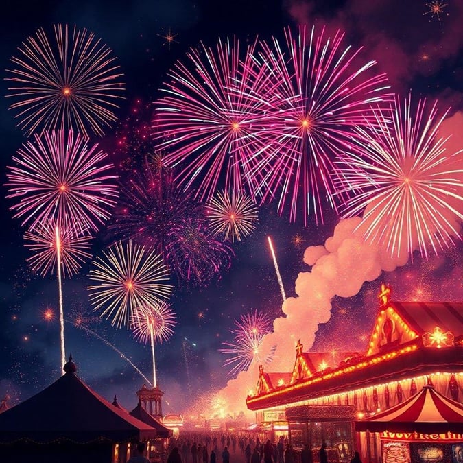 A festive scene with colorful fireworks illuminating the night sky over a lively carnival fair.