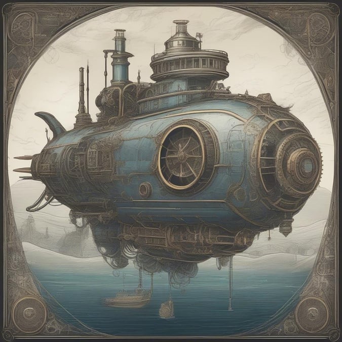 Embark on a fantastical journey with this steampunk-inspired airship, floating above the ocean in a world of wonder and adventure.