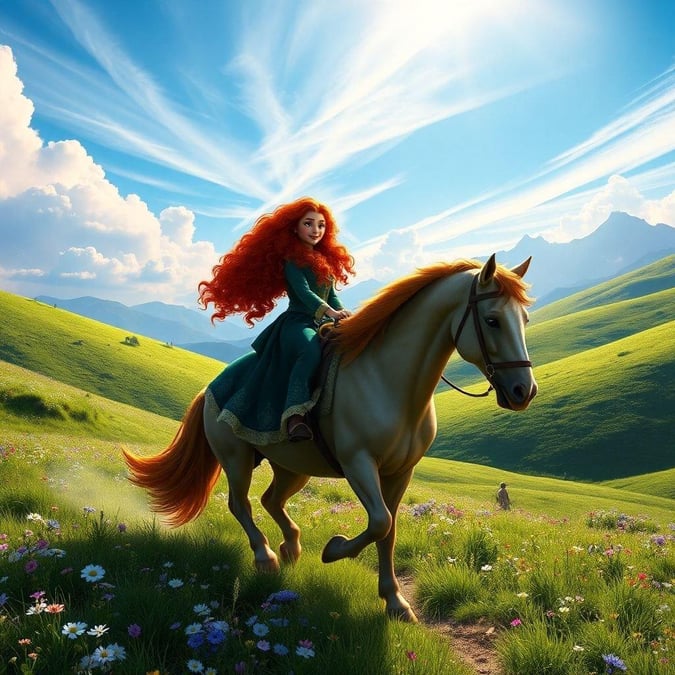 A young girl riding her horse through a beautiful pastoral landscape, showcasing the spirit of adventure and connection to nature that characterizes her journey in 'Brave' by Disney.