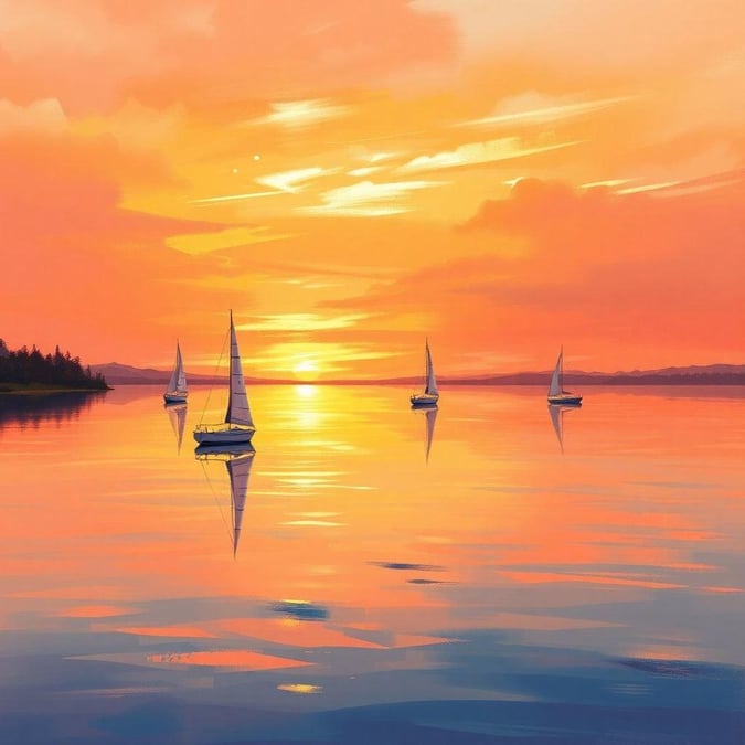 Settle down with this peaceful scene of sailboats gently bobbing on a calm lake, the last rays of sunlight touching the water's surface and reflecting off the hulls. This image captures the serenity of nature as day gives way to night.