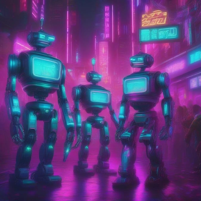 This futuristic wallpaper features three robots standing together in a cityscape, surrounded by neon lights and towering buildings. The robots are depicted in a playful and friendly manner, with their glowing blue screens and sleek metallic bodies. The cityscape is bustling with activity, with people walking on the sidewalk and cars driving by. The overall atmosphere is one of excitement and adventure, with the robots and city coming together to create a unique and captivating scene.