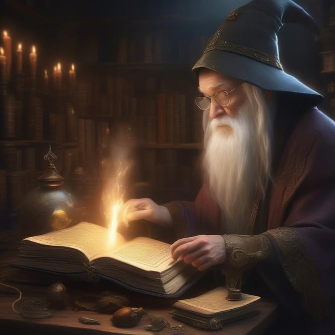 A wizard engrossed in his study, with tomes, potions, and enchanted items around him.