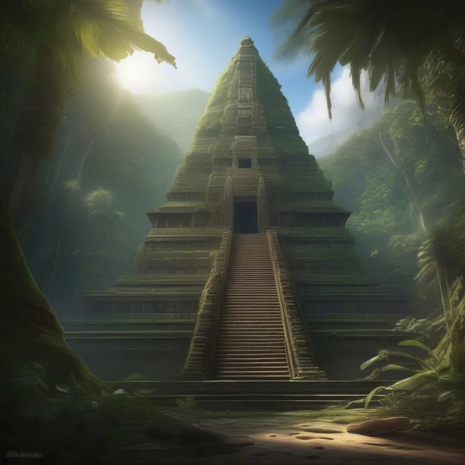 A mysterious stone temple hidden within a dense jungle, basking under the rays of sunlight filtering through the canopy.