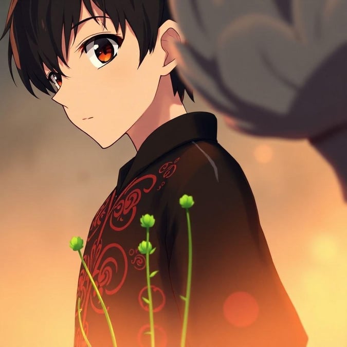 This anime-style wallpaper features a young boy with short brown hair and brown eyes, wearing a black shirt with a red and white pattern. He is looking to the left, with two small green plants in front of him and a large gray plant in the top right corner. The background is a gradient of orange and yellow hues, creating a warm and inviting atmosphere.