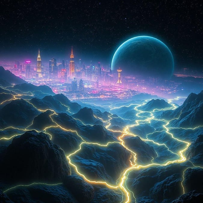 Experience the futuristic beauty of a city skyline bathed in moonlight, with towering skyscrapers and neon lights glowing against the dark sky. This sci-fi landscape combines urban architecture with celestial bodies for a dramatic and surreal view.