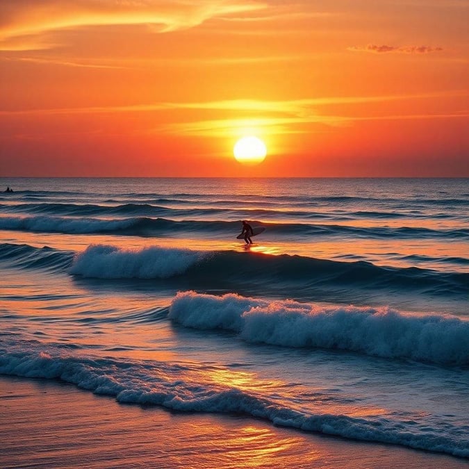 Embrace the tranquility of nature as the sun dips below the horizon, casting a warm golden glow over the ocean waves. A lone surfer catches the last rays of light, riding the crest of an incoming wave with their silhouette standing out against the radiant backdrop.