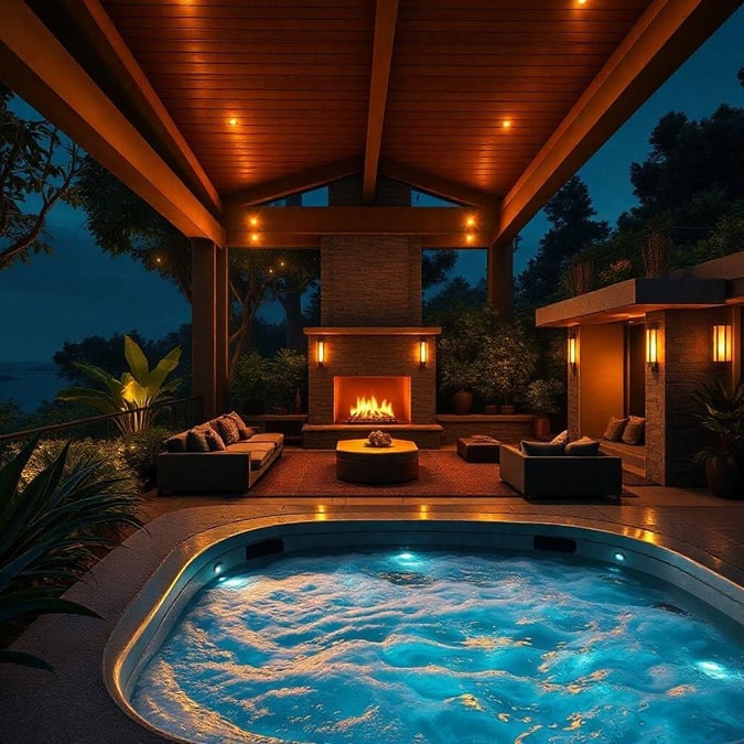 This serene nighttime setting features an outdoor patio with stone walls, a cozy fireplace, and comfortable seating. A covered hot tub invites relaxation under the starlit sky, offering a perfect escape from daily stresses.