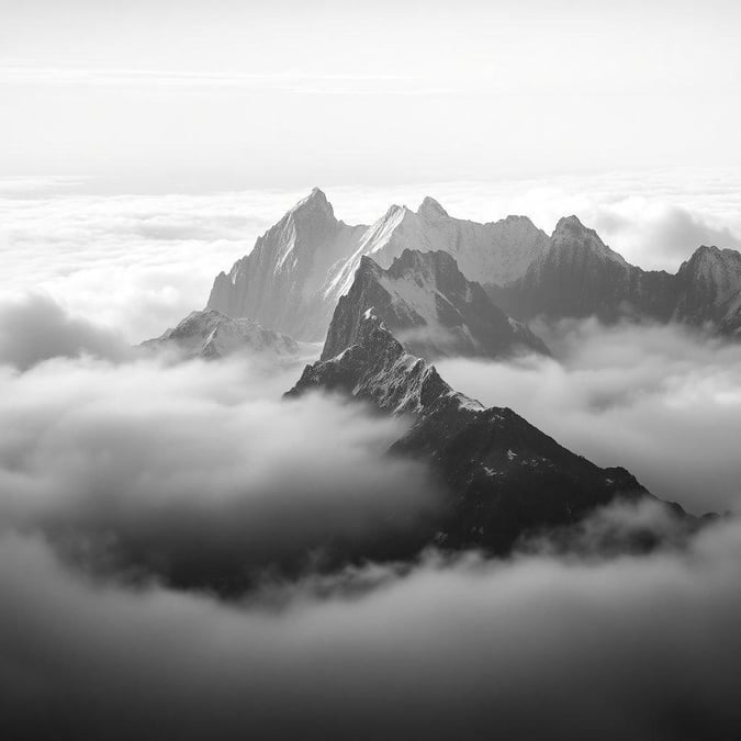 Vista deslumbrante em preto e branco de picos cobertos de neve contra um céu nublado, criando um papel de parede sereno para sua área de trabalho ou dispositivos móveis.