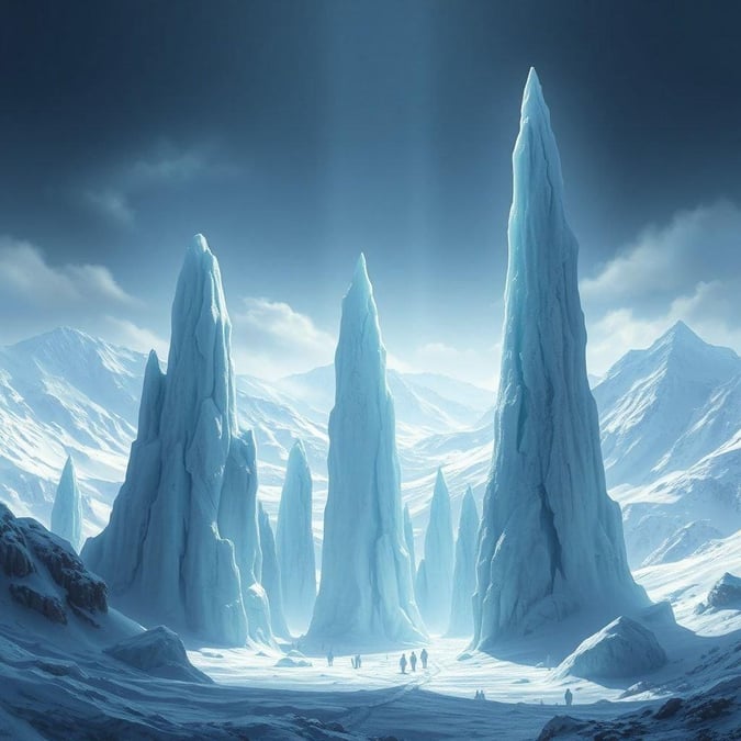 This breathtaking frozen landscape is a sight to behold. The towering ice formations and snow-covered mountains create a sense of awe and wonder. The image is perfect for those who love the beauty of nature and the serenity of a winter wonderland.