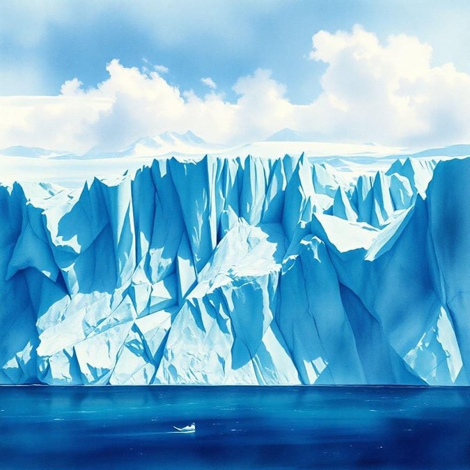 A breathtaking scene of an iceberg floating in the ocean, with a small boat in the distance.