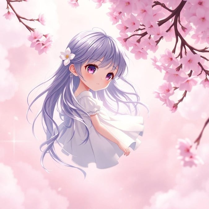 This anime illustration features a young girl floating in a dreamy, ethereal realm, surrounded by vibrant pink and white blossoms with unfolding petals against a soft pink background.