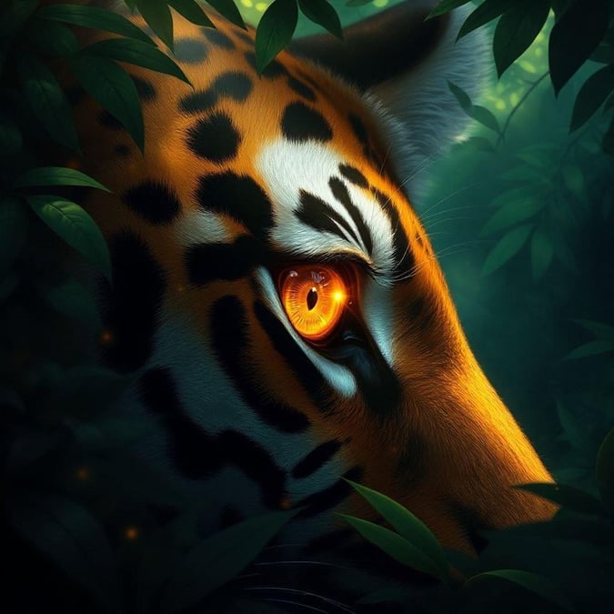 A majestic tiger peeks out from the dense jungle, its vibrant eyes glowing in the fading light.